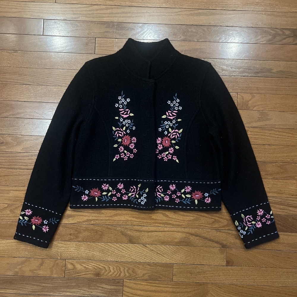 Vintage Silk Club Collection 100% Wool Floral Embroidered Jacket Black S